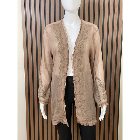 Soft Surroundings Women's L Brown Sweater Polyester Duster Cardigan Embroidery - Picture 1 of 7